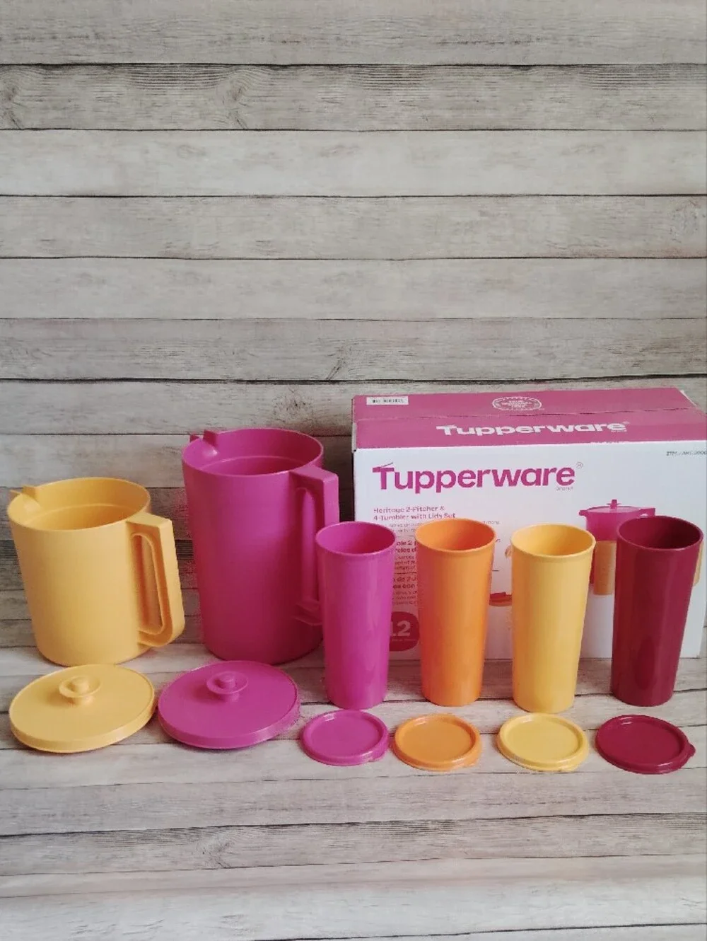 Tupperware Pink and Yellow Heritage 2-Pitcher & 4-Tumbler Set With Lid 12 Pc Set